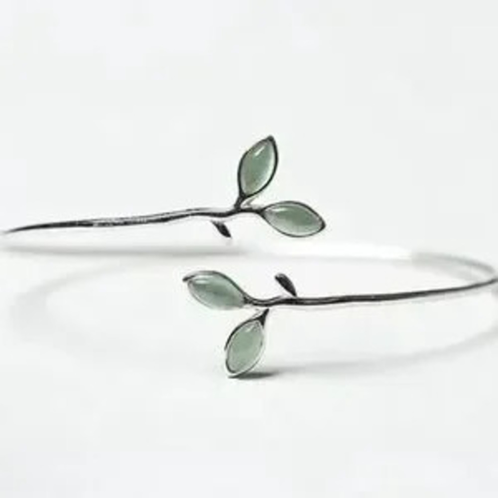 Elegant Silver Green Opal Leaf Twigs Branch Bracelet